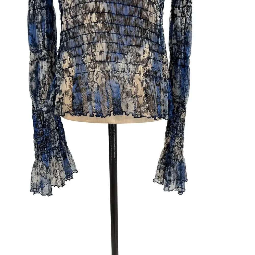 Free People Hello There Top‎ Blouse Smocked Flare Sleeve Mesh Floral Blue Large